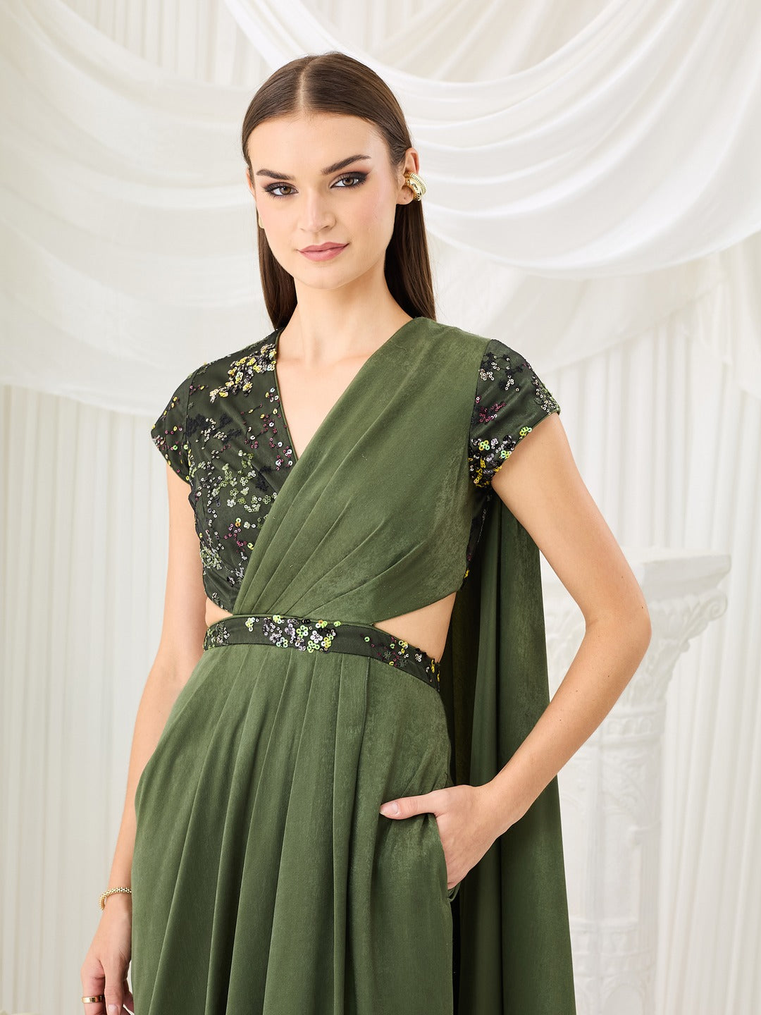 Olive V-Neck Short-Sleeve Embellished Draped Maxi Velvet Dress for Women