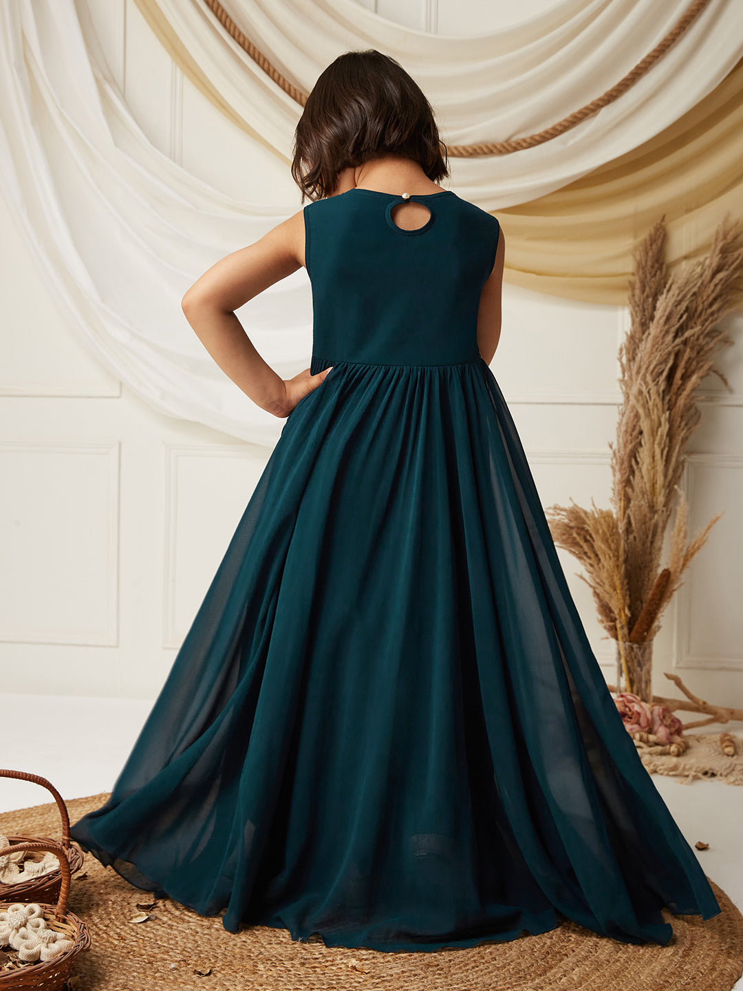 Multicolored-Base-Teal Round-Neck Sleeveless Embroidered Flared Polyester Maxi Dress