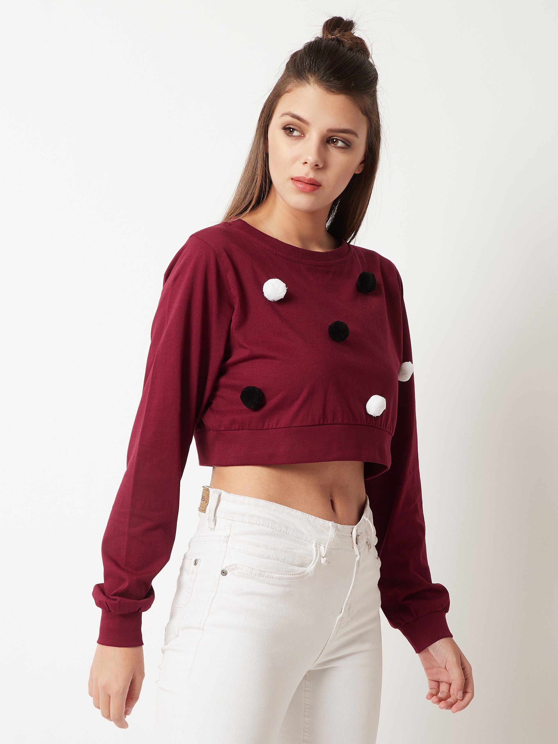 Women's Maroon Round Neck Full Sleeve Cotton Solid Pompom Detailing Boxy Crop Top