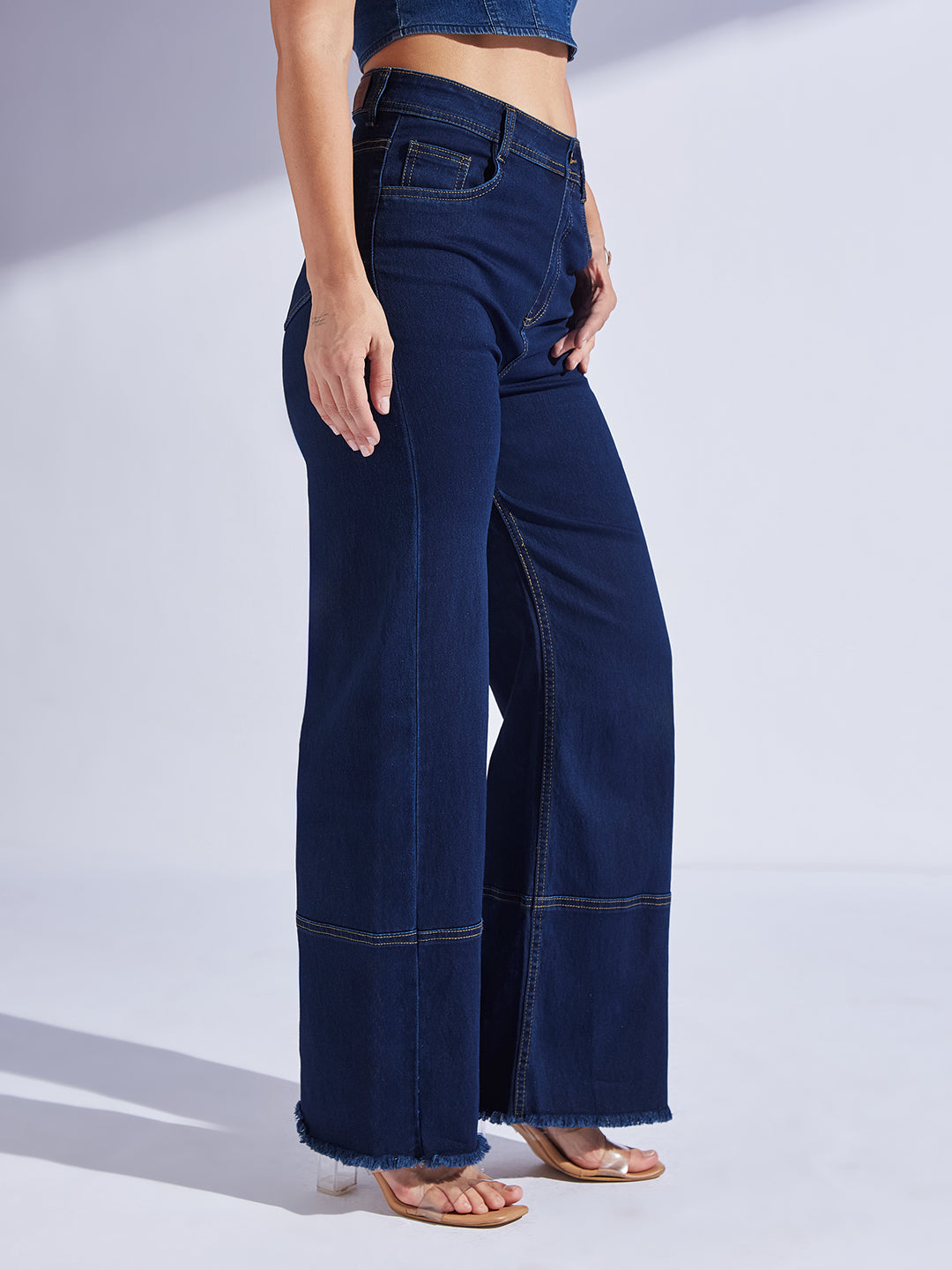 Women's Navy Blue Wide Leg High-Rise Regular-Length Stretchable Denim Jeans