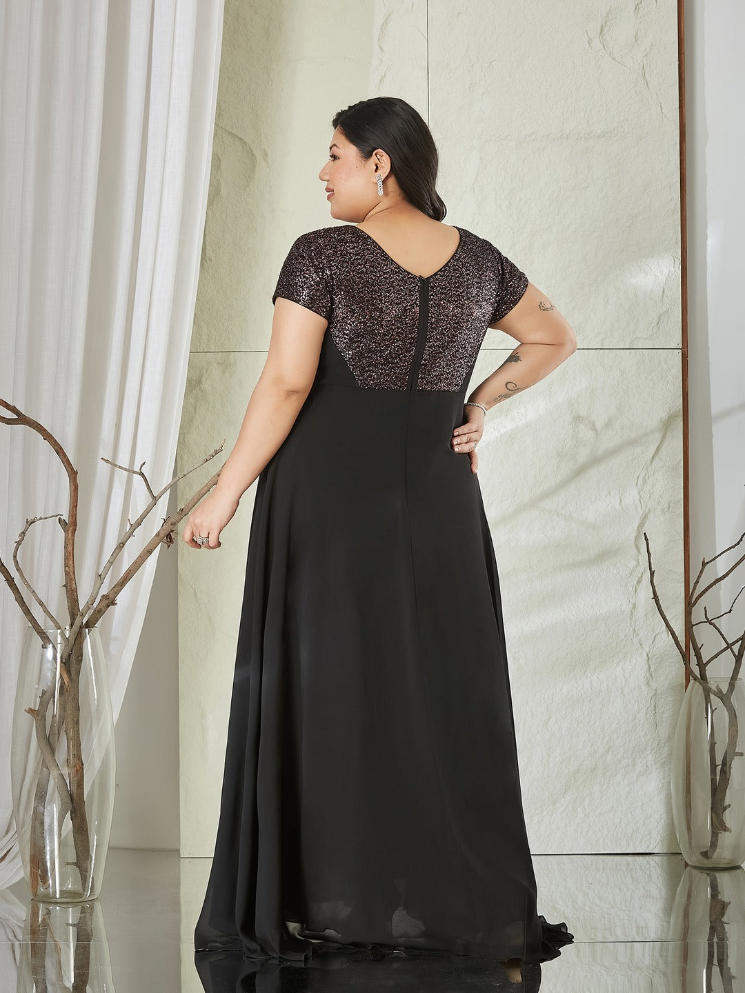 Black Round Neck Short Sleeve Embellished Fit & Flare Maxi Georgette Dress for Women