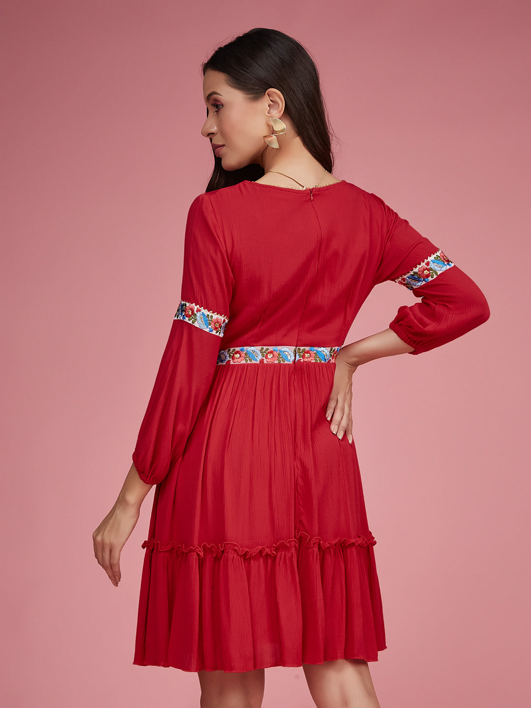 Women's Red Square Neck Bishop Sleeve Viscose Rayon Solid Gathered Midi Dress