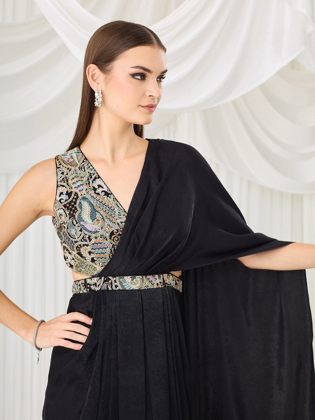 Black V-Neck Asymmetric Embroidered Draped Satin Maxi Dress for Women
