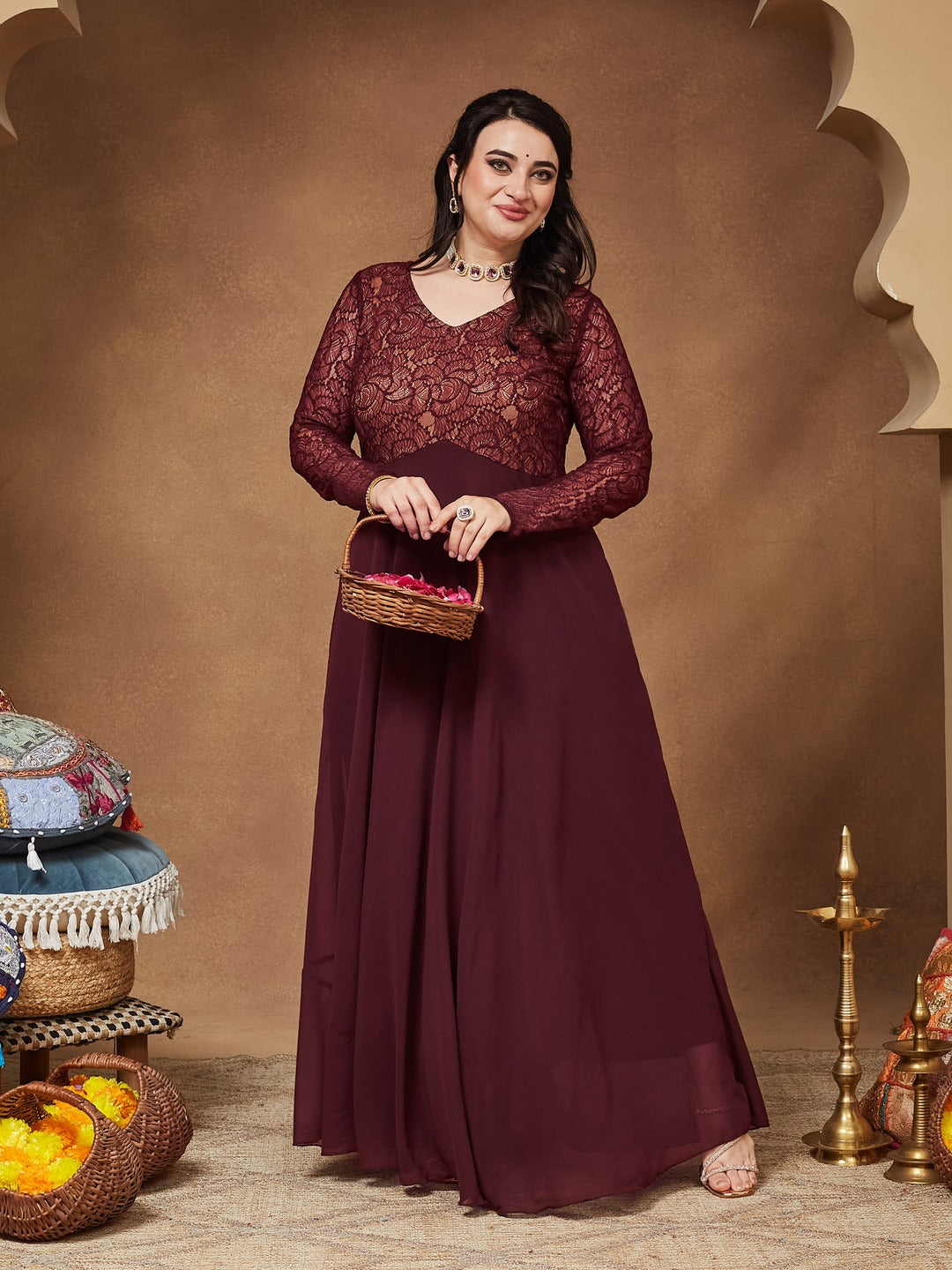 Wine V-Neck Full Sleeve Self Design Lace-Overlaid Georgette Maxi Dress for Women