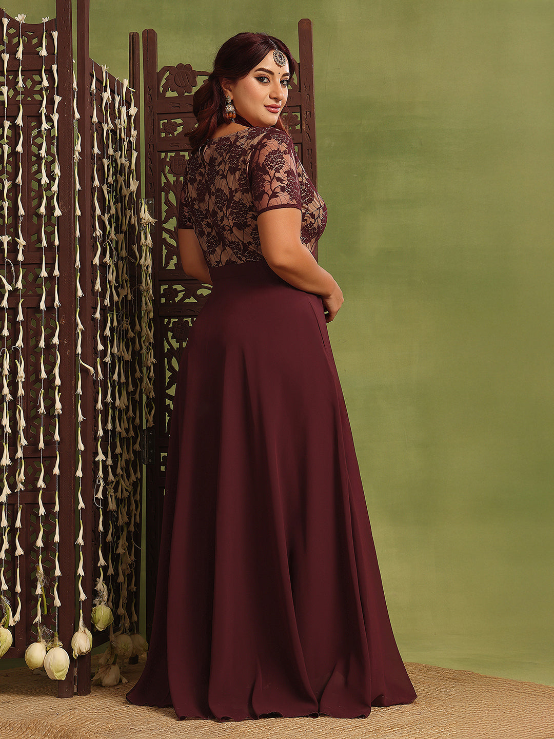 Women's Wine & Beige Relaxed-Fit Georgette Dress