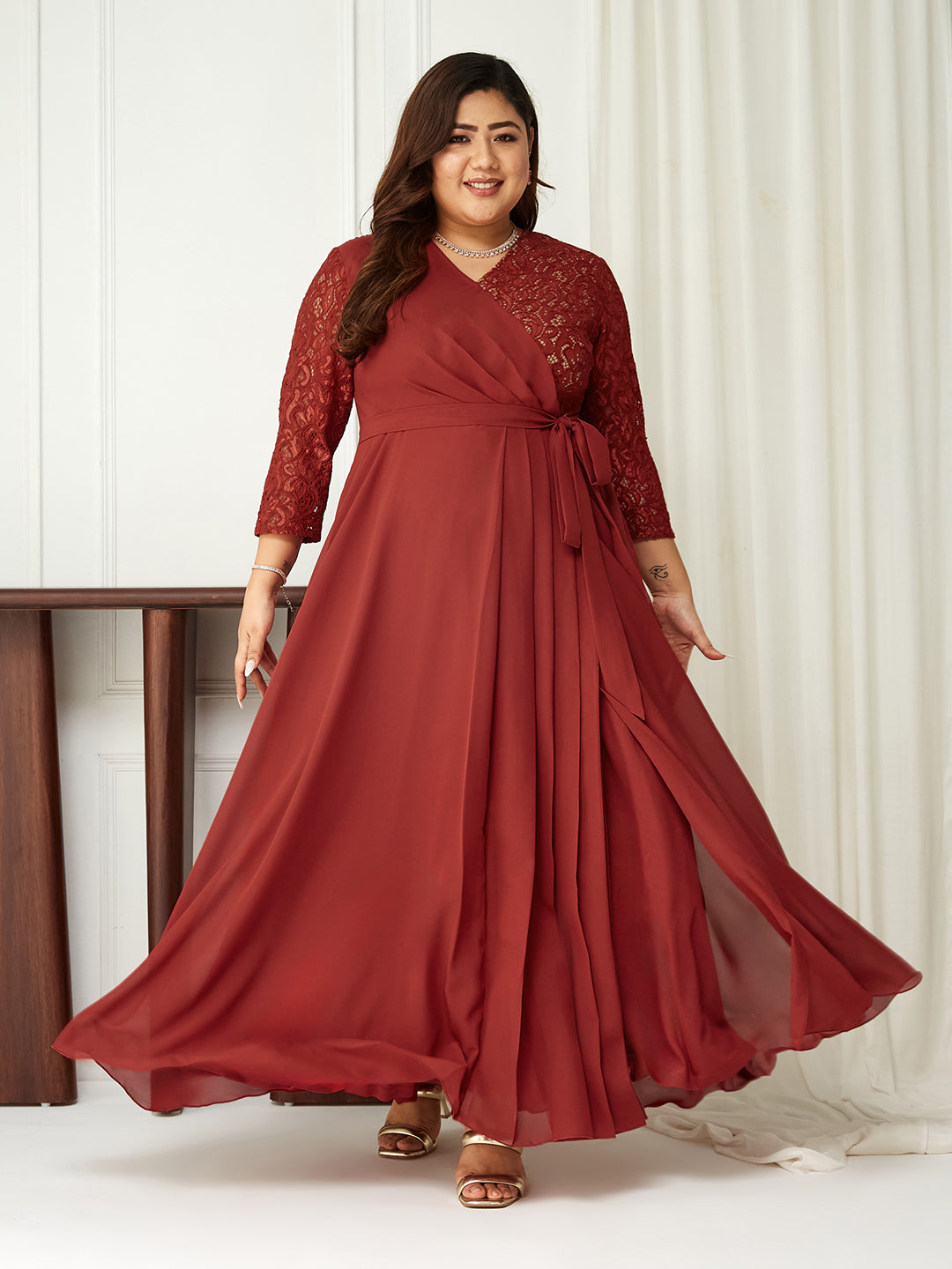 Women's Brick Red V-Neck 3/4 Sleeve Self-Designed Wrap Styled Georgette Maxi Dress