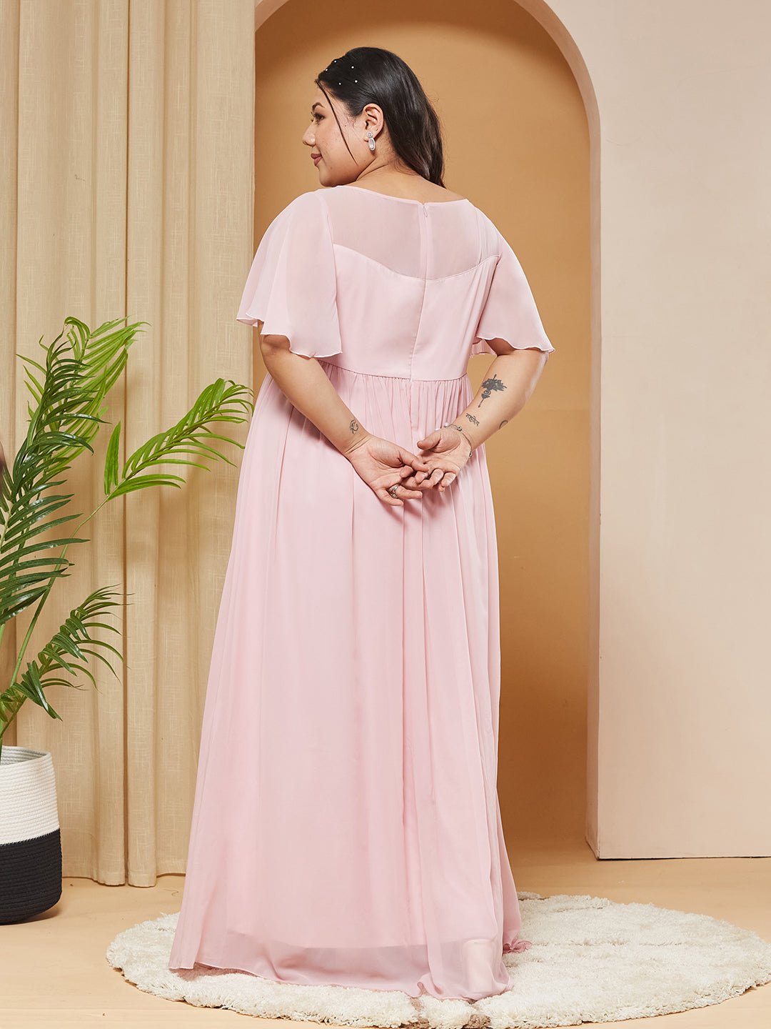 Blush Pink Embellished Gathered Maxi Dress for Women — Miss Chase A+