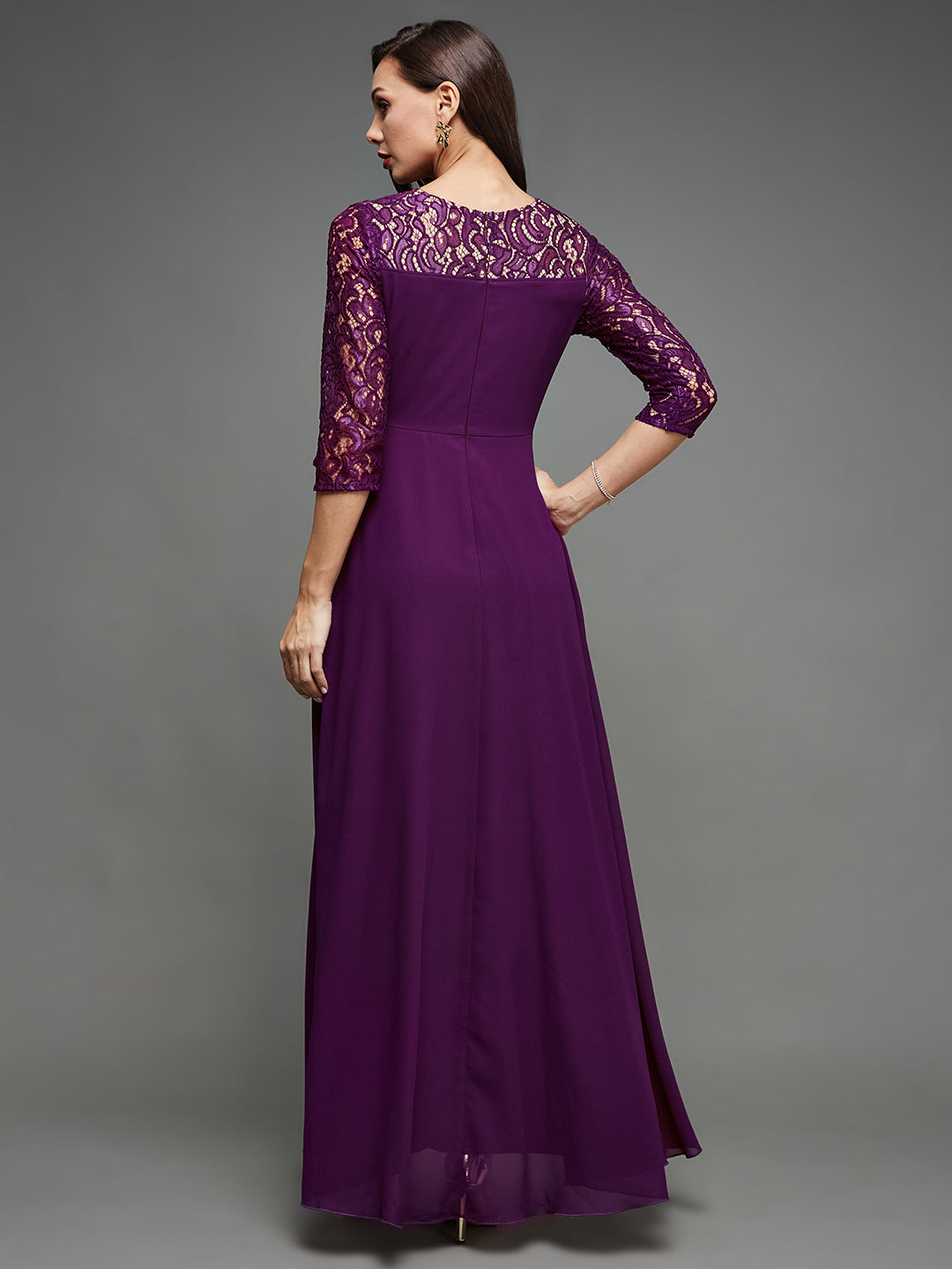 Women's Dark Purple Colored V-Neck Three-Quarter Sleeve Self-Designed Wrap Maxi Georgette Dress