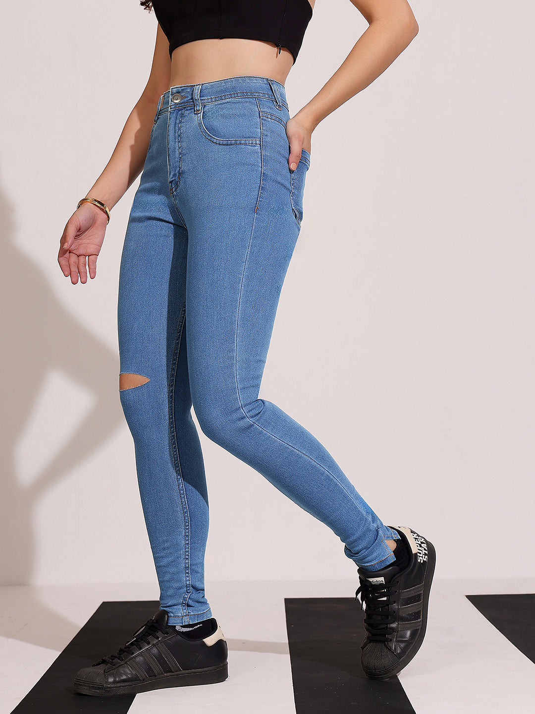 Women's Blue Skinny High-Rise Distressed Regular Denim Jeans