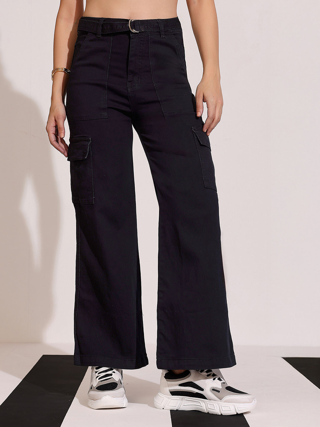 Women's Black Wide leg High rise Clean look Regular Stretchable Denim Jeans