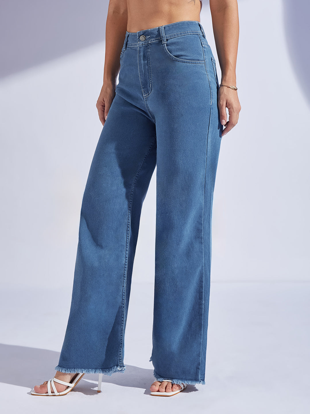 Women's Blue Wide-Leg High-Rise Clean-Look Regular-Length Stretchable Denim Jeans