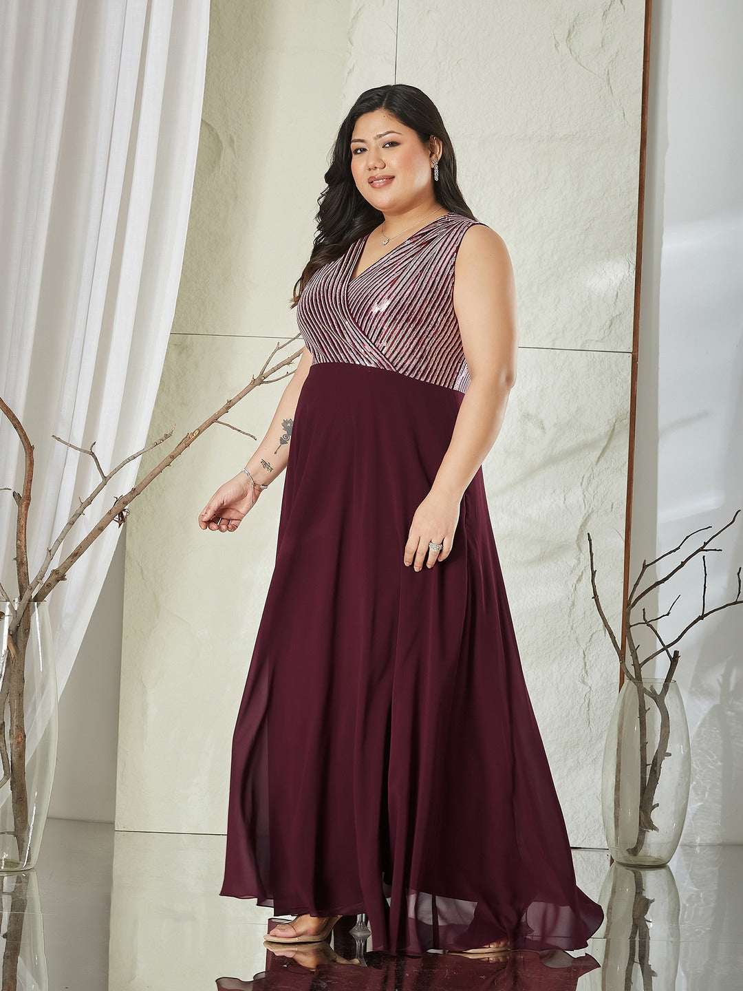 Wine V-Neck Sleeveless Embellished Wrap-Styled Maxi Georgette Dress for Women