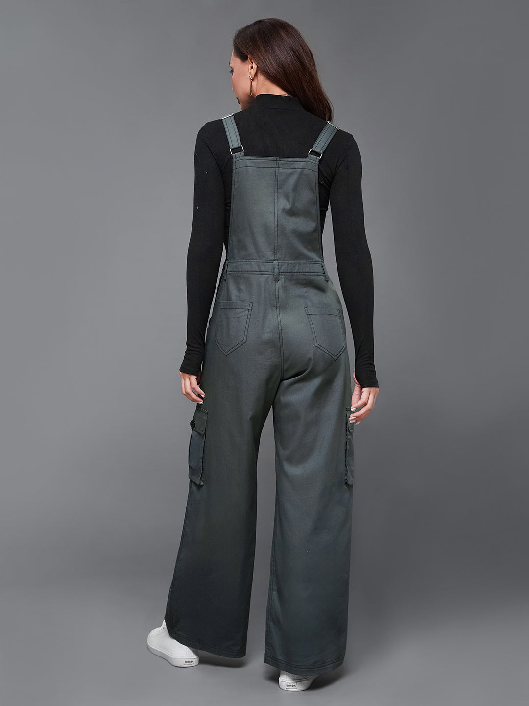 Women's Grey Square Neck Sleeveless Solid Wide-Leg Regular-Length Polyester Dungaree