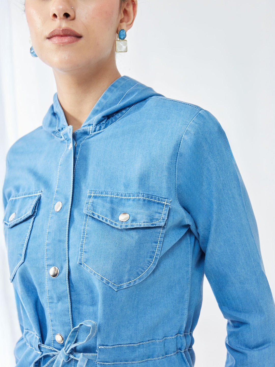 Light Blue Round Neck Full Sleeve Solid hoody with tie-up Long Denim Jacket for Women