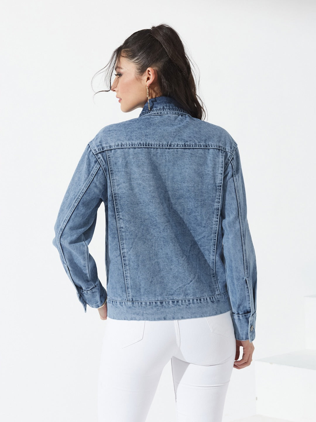 Light Blue Collared Full Sleeve Solid Classic Regular Length Denim Jacket for Women