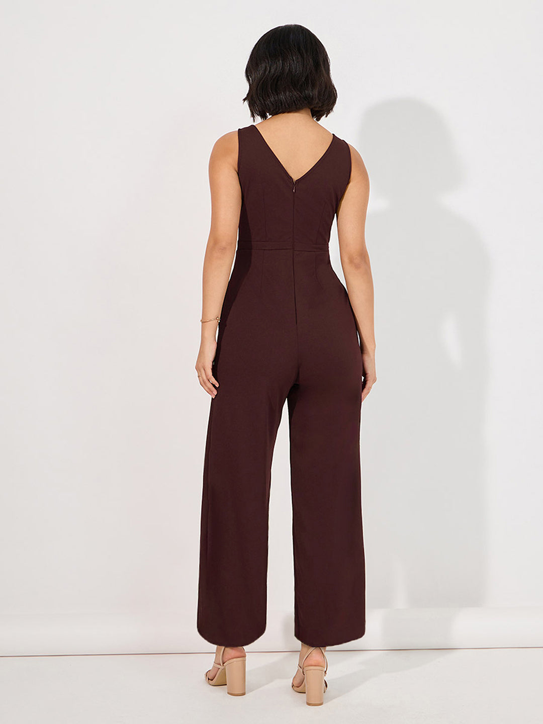 Women's Wine Square-Neck Sleeveless Embellished Layered Polyester Jumpsuit