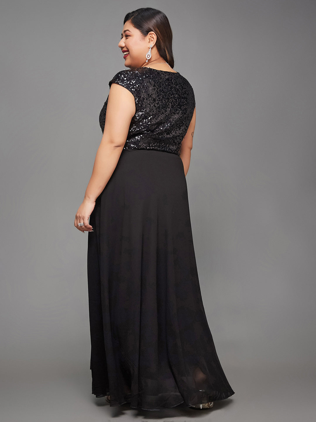 Women's Black V-Neck Cap Sleeved Sequins Wrap Maxi Dress