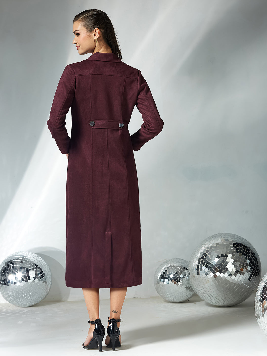 Women's Wine Solid V-Neck Full Sleeves Patched Pocketed Polyester Button Down Longline Winter Wear Jacket