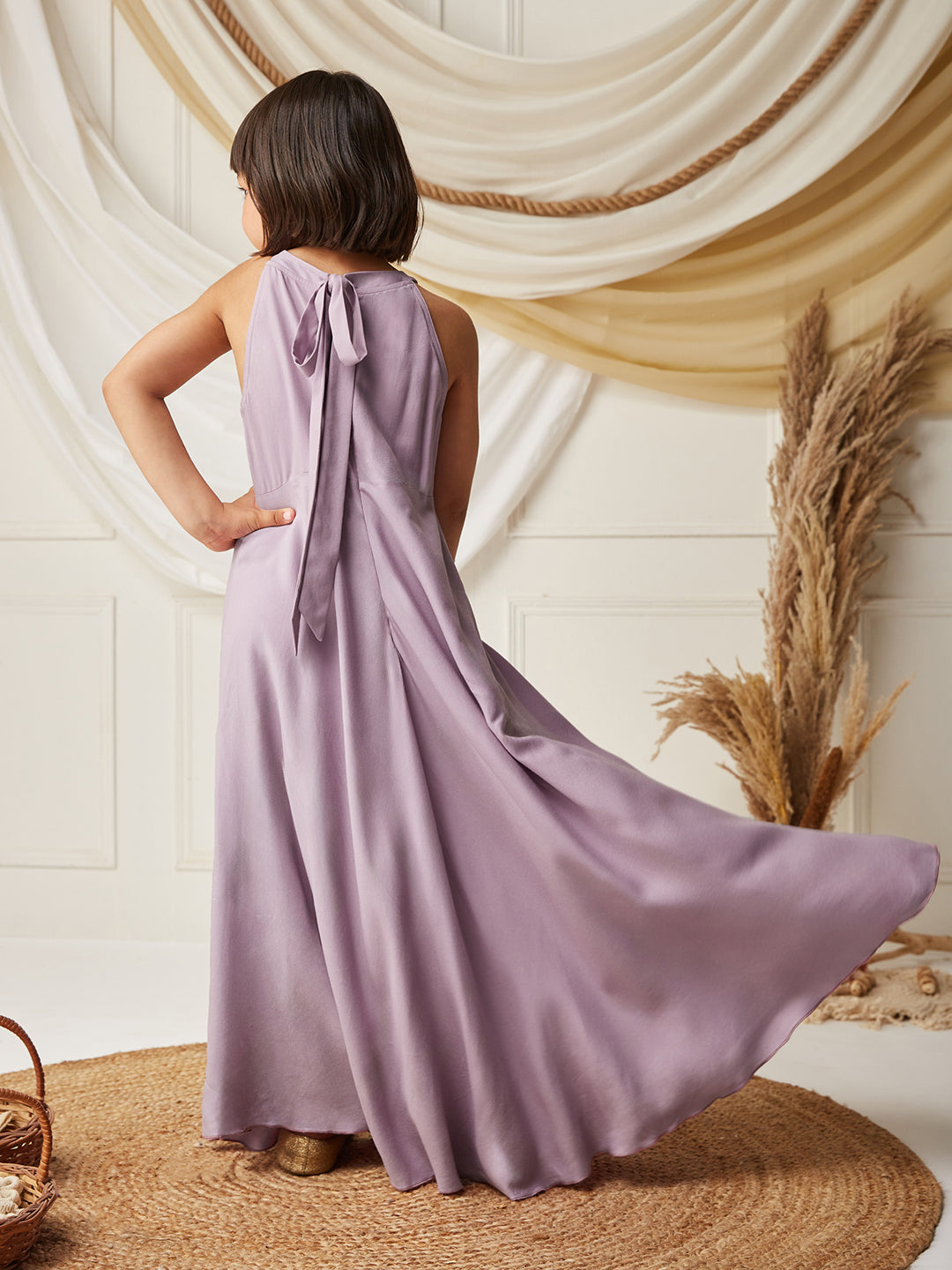 Lavender Halter-Neck Sleeveless Embellished Fit & Flare Viscose-Rayon Maxi Dress