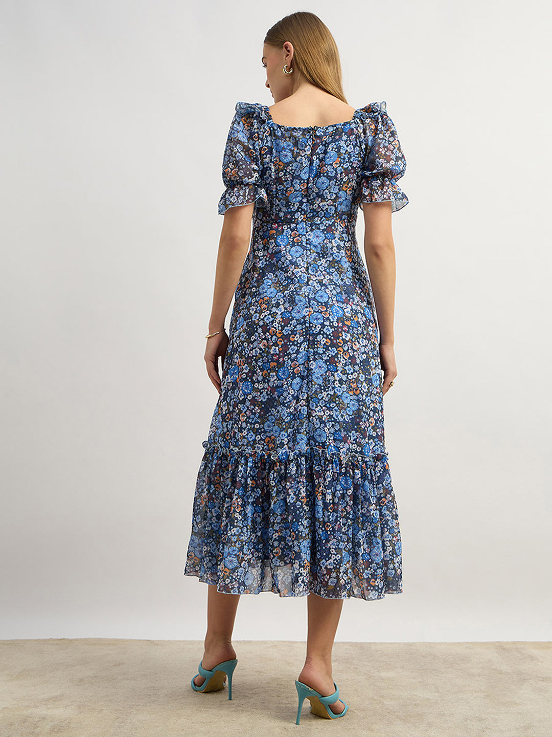 Women's Multicolored-Base-Navy Blue V-Neck Puff Sleeve Floral Ruching Ankle-Length Dress