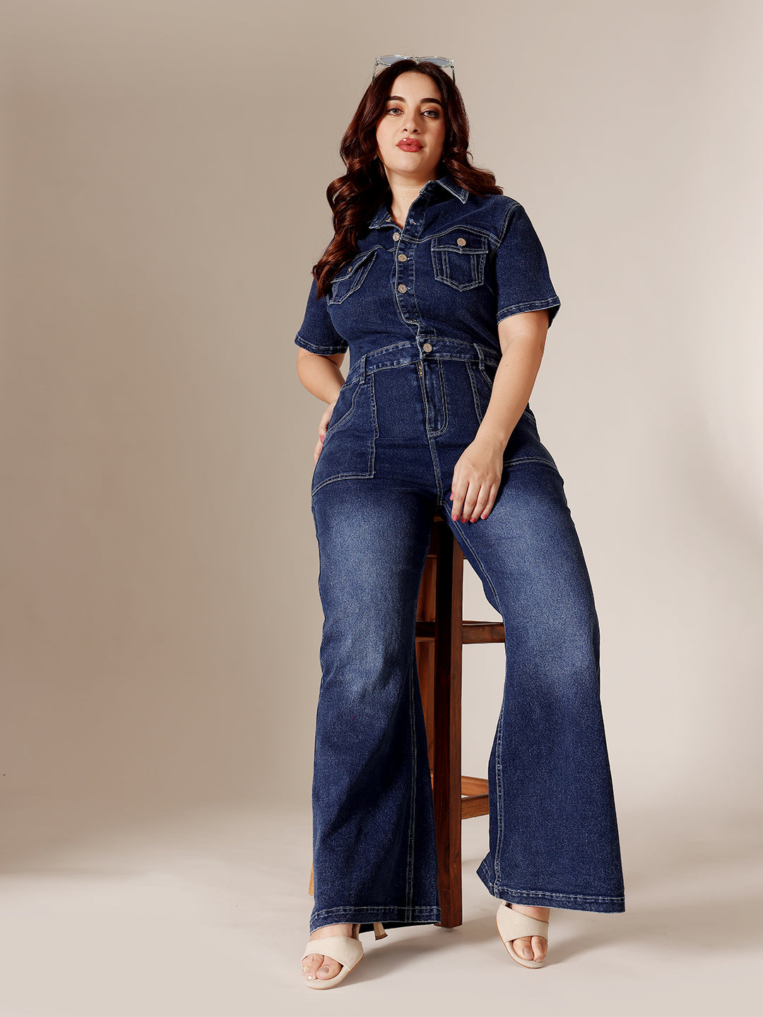 Women's Miss Chase A+ Navy Blue plus-size jumpsuit — flared