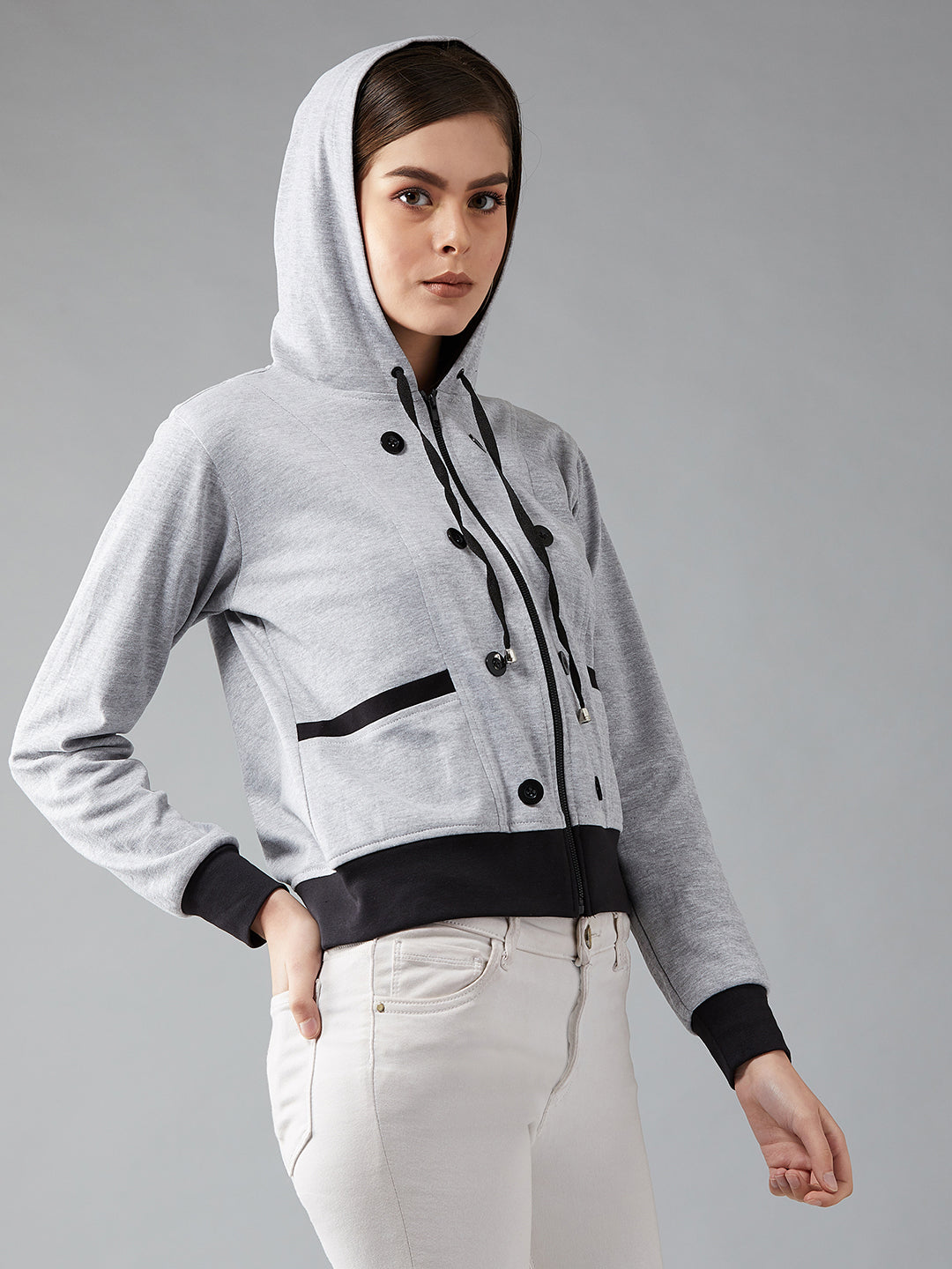 Women's Grey Hooded Full Sleeves Solid Drawstring And Eyelet Detailing Regular Length Jacket