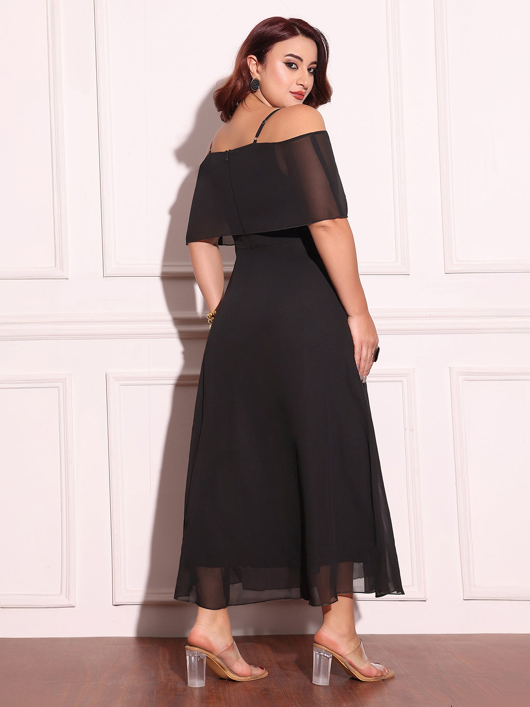 Women's Black Bardot Style Sleeveless Spaghetti-Straps Solid Off-Shoulder Midi Skater Dress