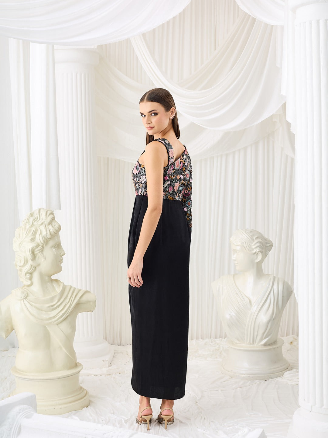 Luxe Satin Gown in Black with One-Shoulder Embroidery & Full Sleeve for Women