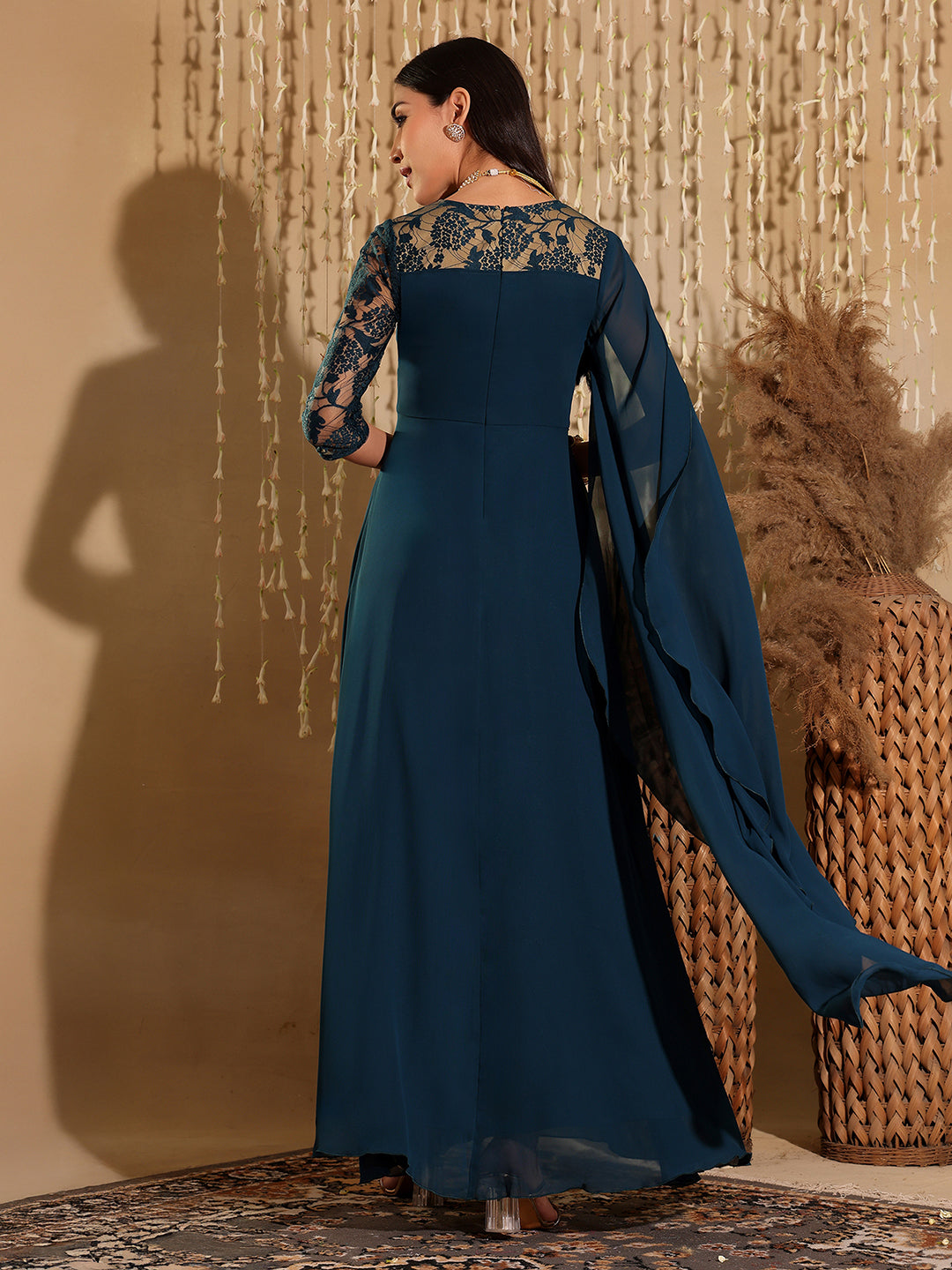 Women's Teal V-Neck Asymmetric Self-Designed Georgette Maxi Dress