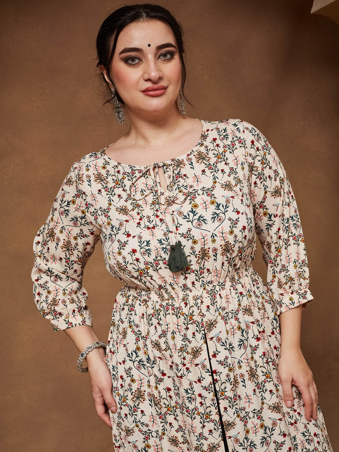 Round Neck 3/4 Sleeve Floral Tie-Up Tassel Detailing Front Slit Maxi Top for Women — Miss Chase A+