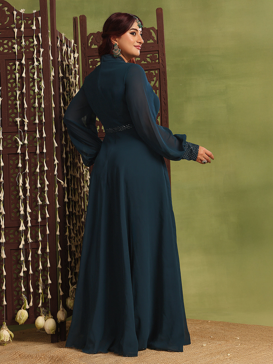 Women's Teal Mandarin-Collar Bishop Sleeve Embellished Panelled Georgette Maxi Dress