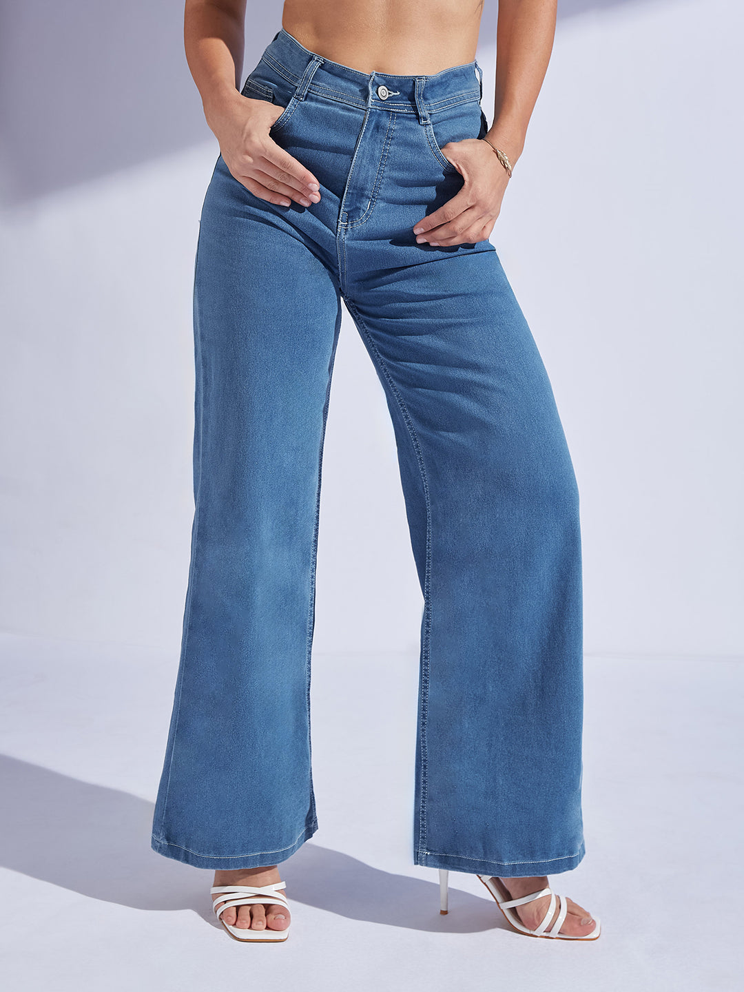 Women's Blue Wide-Leg High-Rise Regular-Length Stretchable Denim Jeans