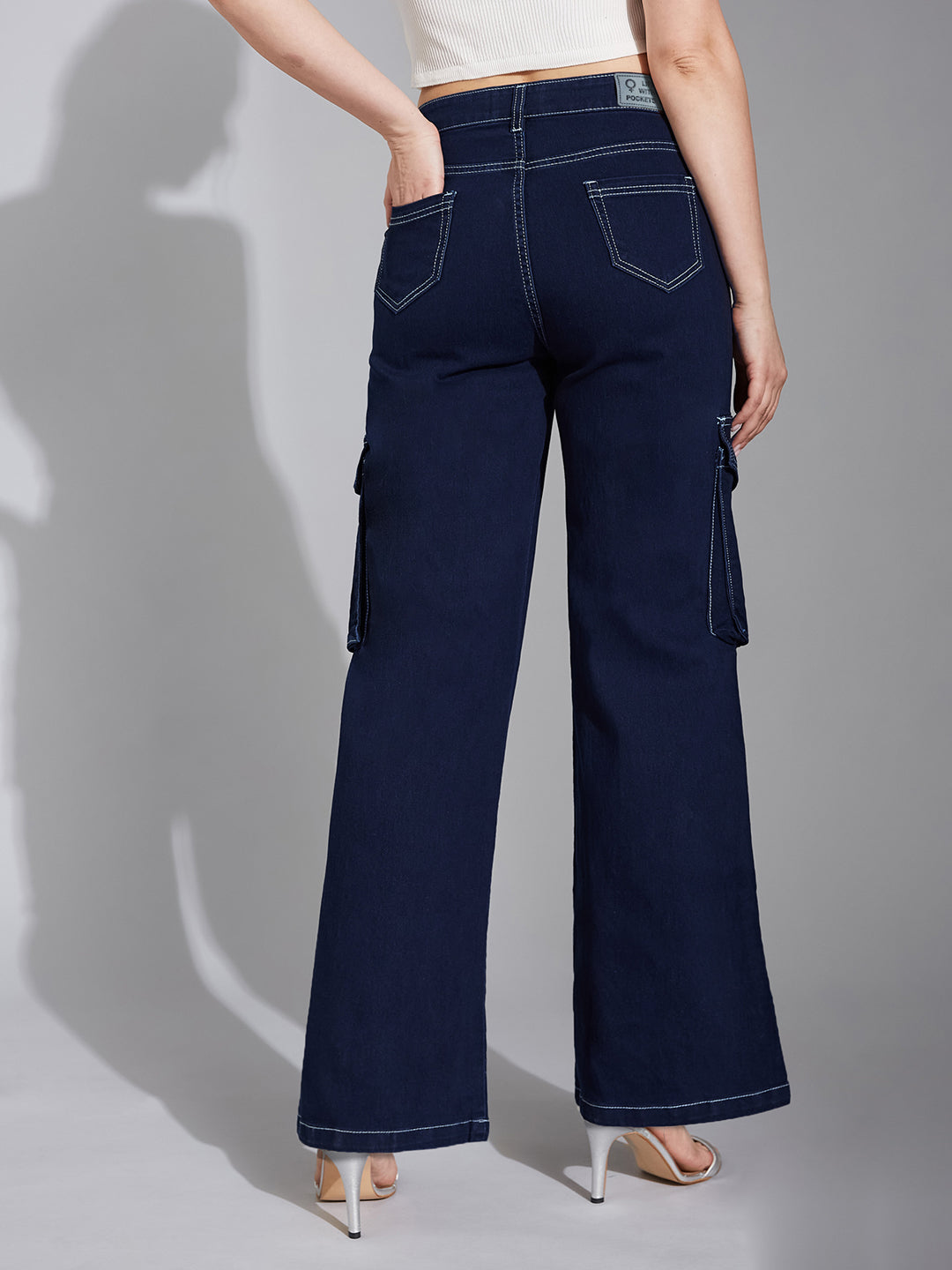 Women's Navy Blue Wide-Leg High-Rise Clean-Look Regular Stretchable Denim Jeans