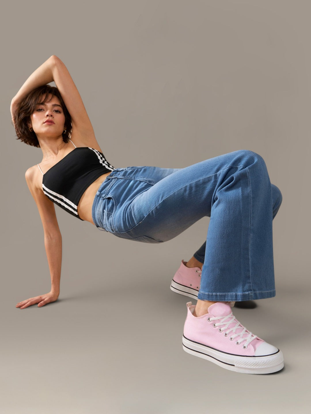 Light Blue Wide-Leg Mid Rise Blast Effect Light Weight Denim Jeans for Women