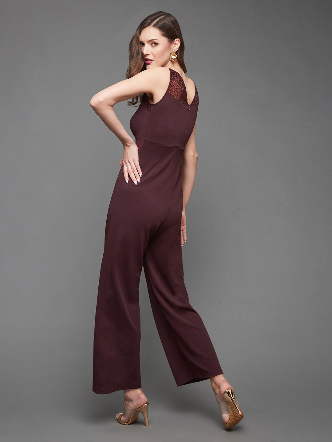 Crease Ease Cocktail Women's Wine Boat Neck Sleeveless Sequined Party Jumpsuit