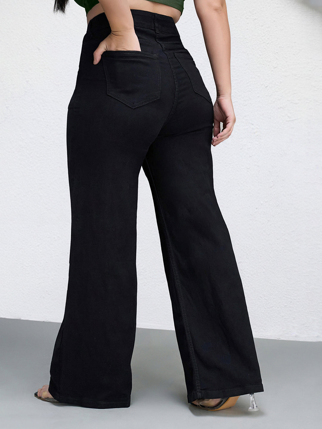 Black Wide Leg High Rise Stretchable Denim Jeans for Women
