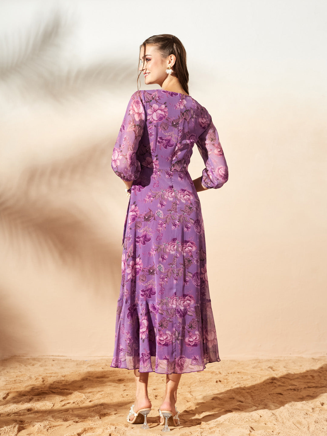 Women’s Multicolored Lavender Floral V-Neck 3/4 Sleeve Wrap Chiffon Midi Dress for Women