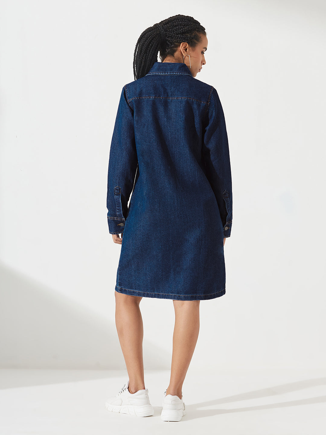 Navy-Blue Solid Polo Neck Full Sleeves Patch Pocket Denim Overcoat Knee-Length Jacket for Women