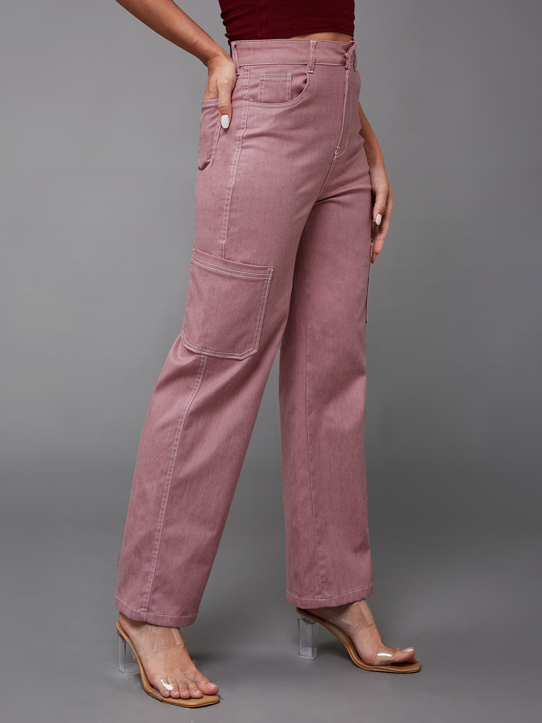 24/7 Comfort Women's Dusty Pink Wide-Leg High Rise Clean Look Regular-Length Stretchable Denim Pants