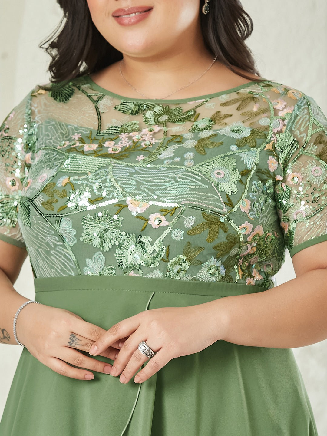 Light Green Embellished Layered Georgette Midi Dress for Women
