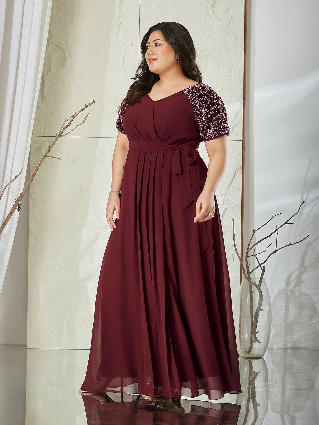 Wine Relaxed Fit Maxi Georgette Dress for Women