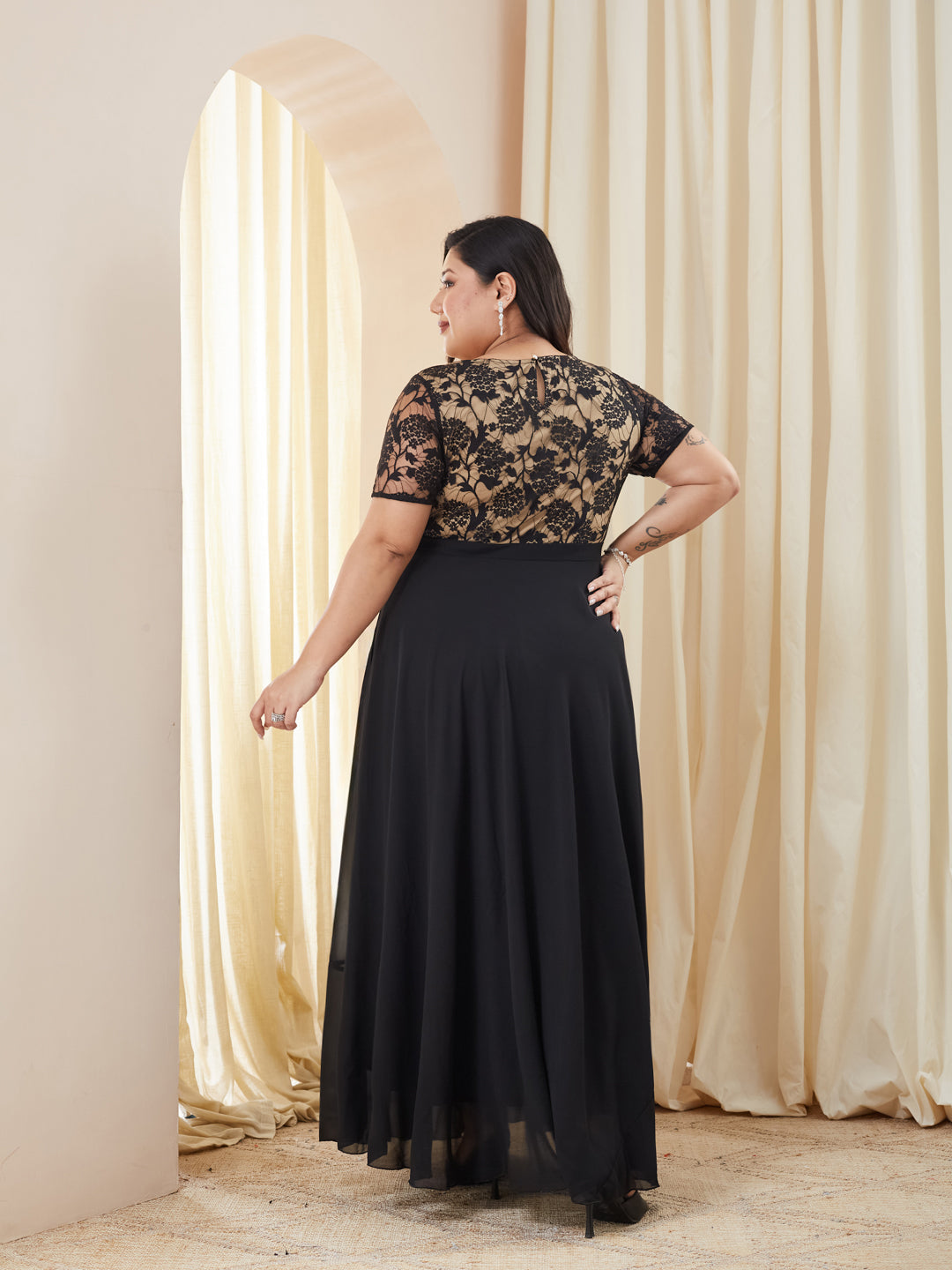 Black Round Neck Half Sleeve Self Design Fit & Flare Georgette Maxi Dress for Women