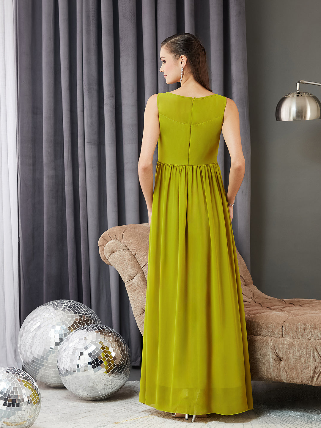 Women's Lemon Green Boat Neck Sleeveless Embroidered Georgette Gathered Maxi Dress