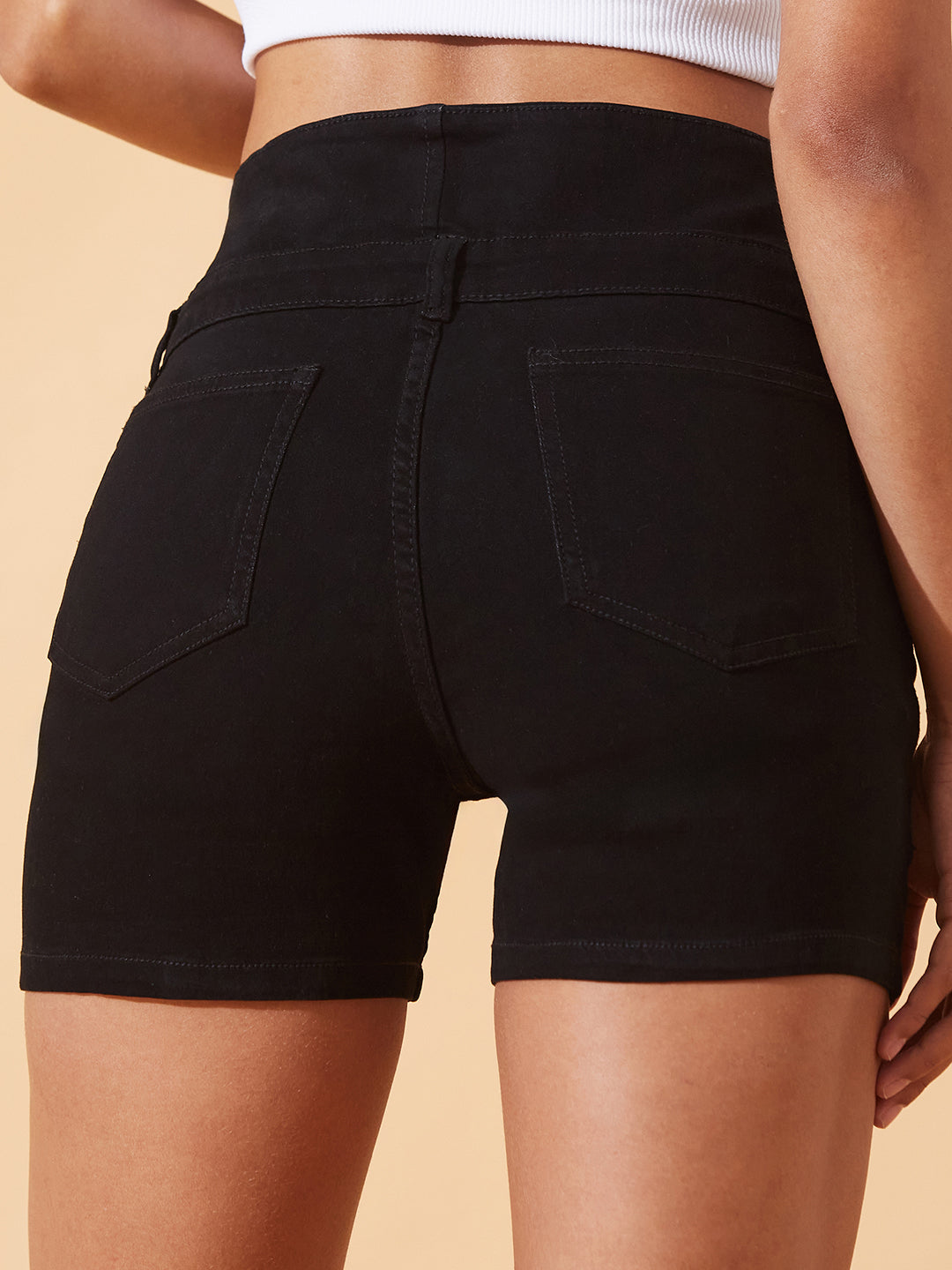 Black Regular-Fit High-Rise Clean-Look Regular-Length Stretchable Denim Shorts for Women