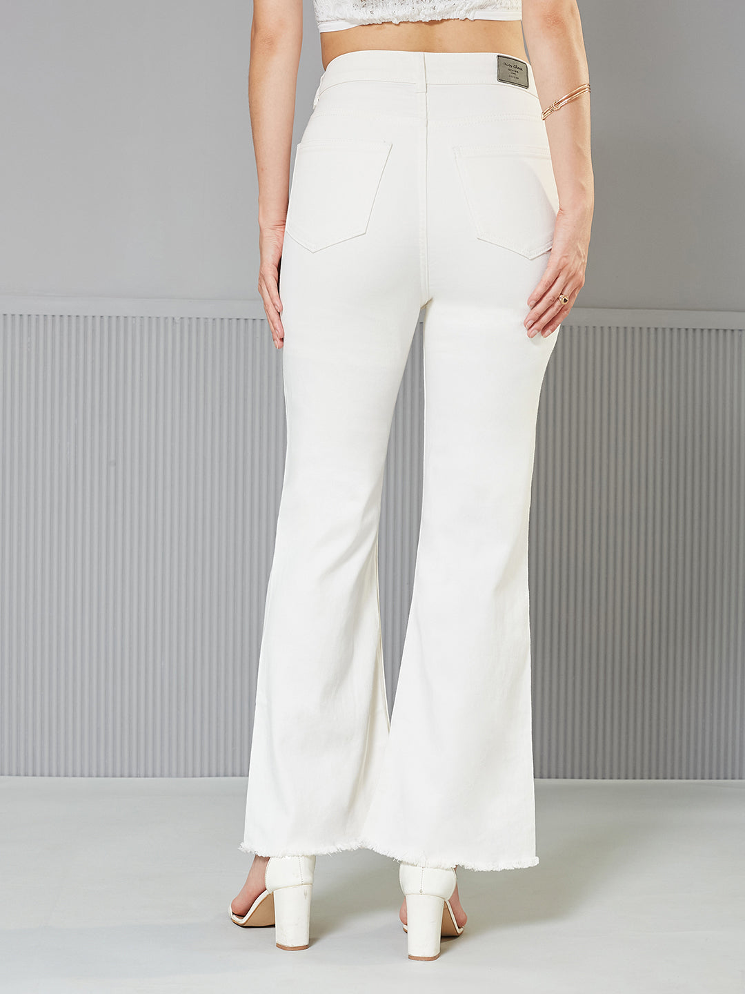 White Bootcut High-Rise Stretchable Denim Jeans for Women