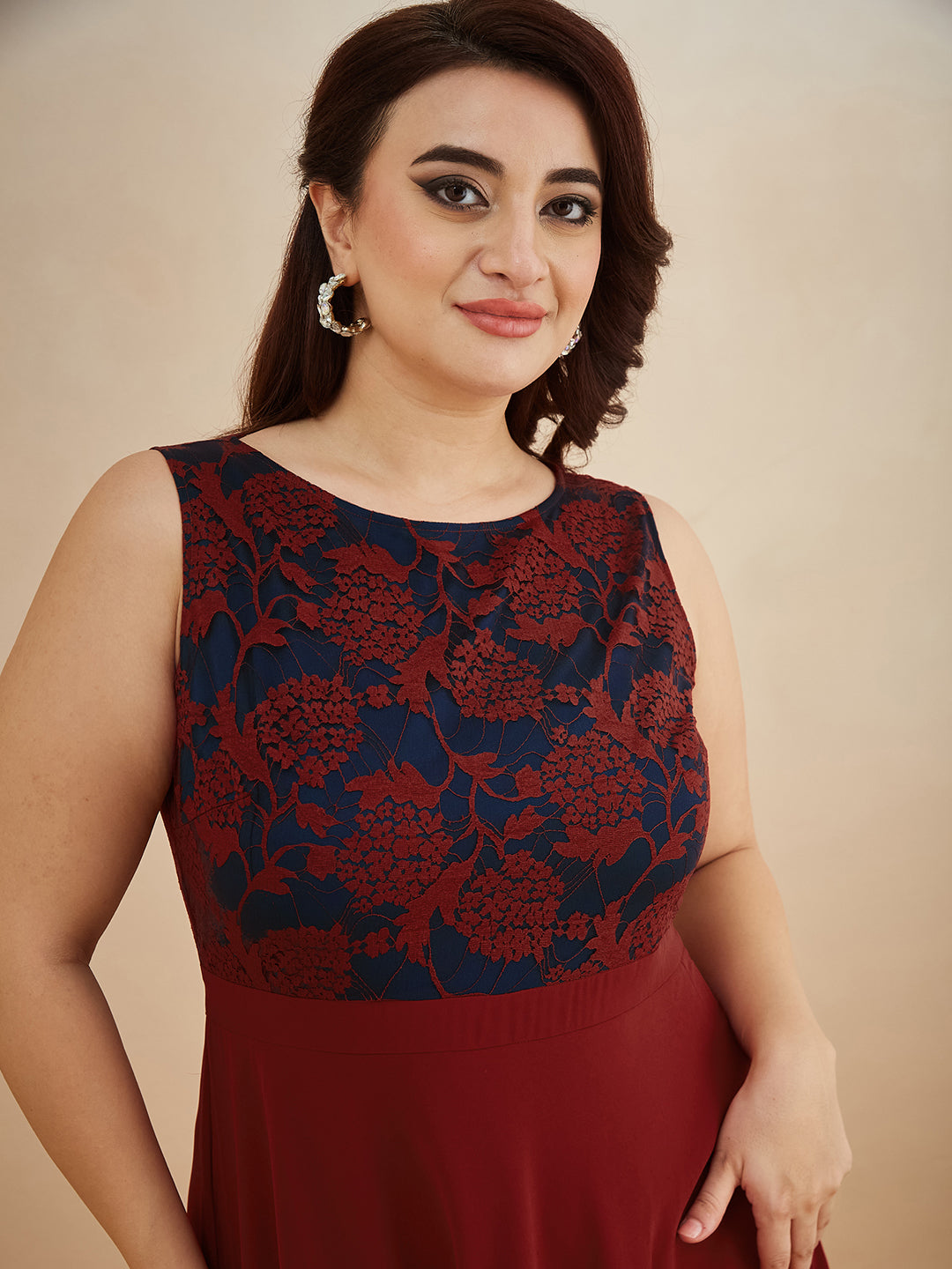 Maroon & Teal Boat-Neck Sleeveless Self Design Lace Overlaid Maxi Dress for Women — Miss Chase A+