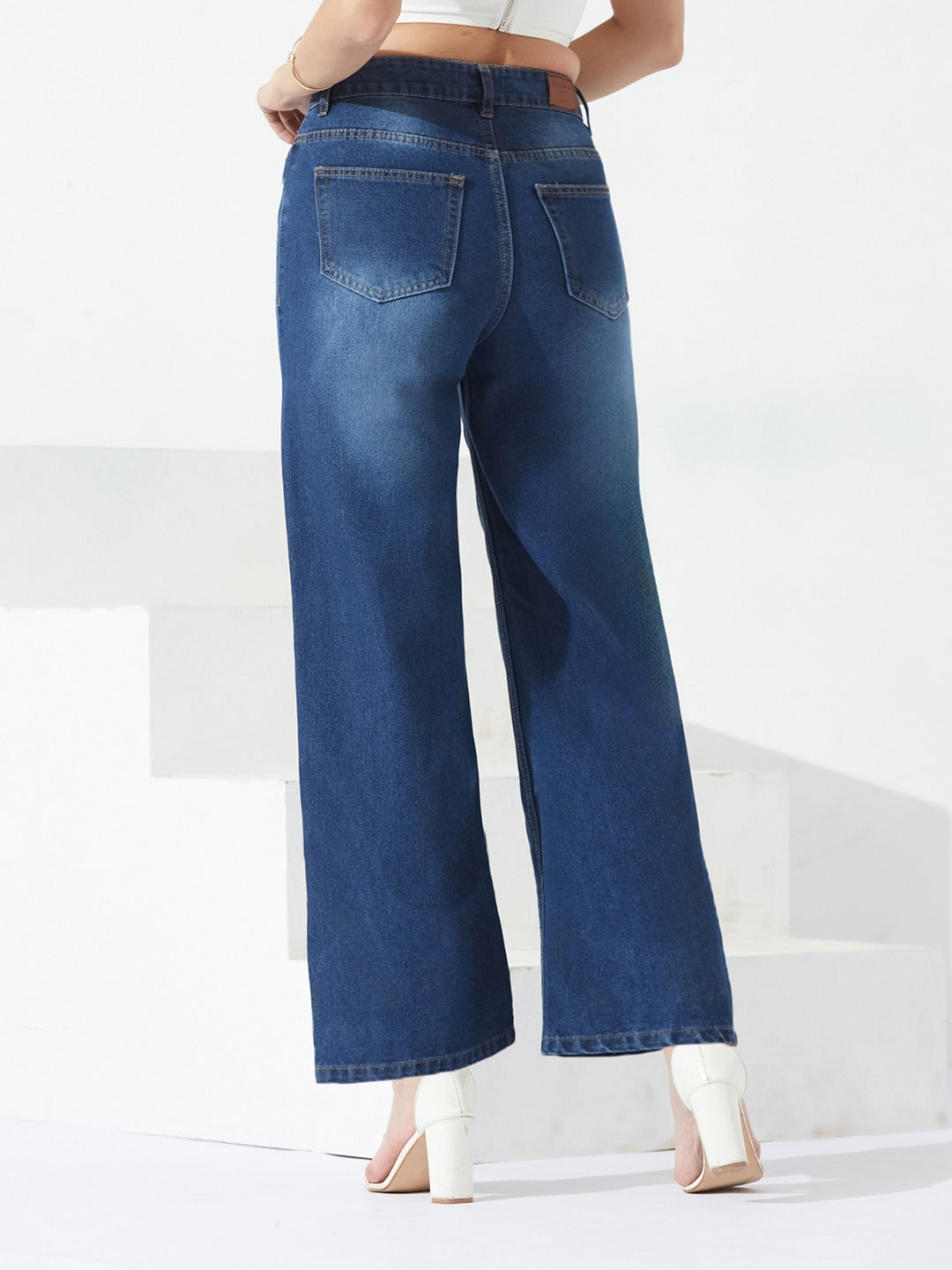 Navy Blue Wide-Leg High-Rise Denim Jeans for Women