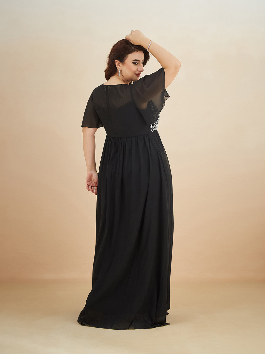 Black Embellished Gathered Maxi Dress for Women — Miss Chase A+