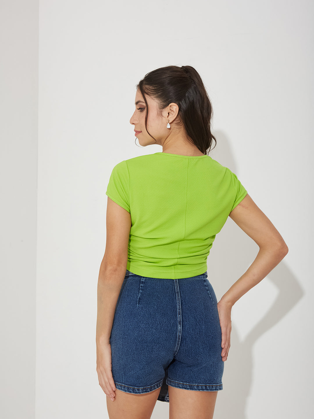 Neon Green Round Neck Short Solid Ruching Crop Polyester Top for Women