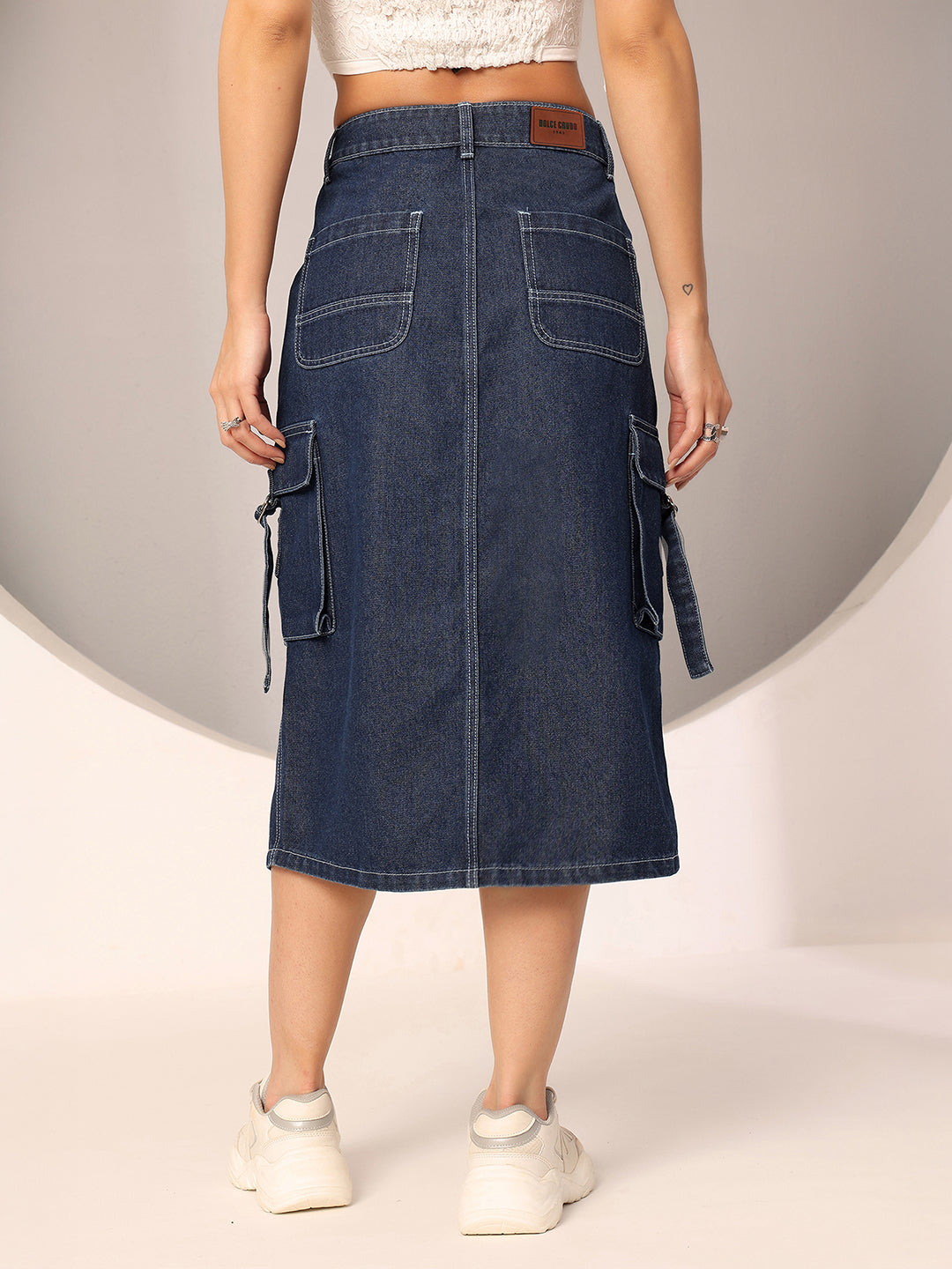 Navy-Blue Straight-Fit High-Rise Clean-Look Midi Denim Skirt for Women